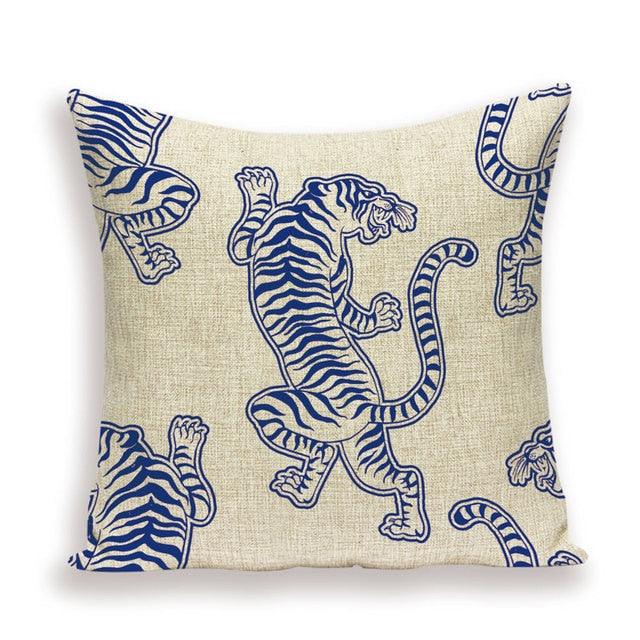 Pillow cover with blue tigers on ivory