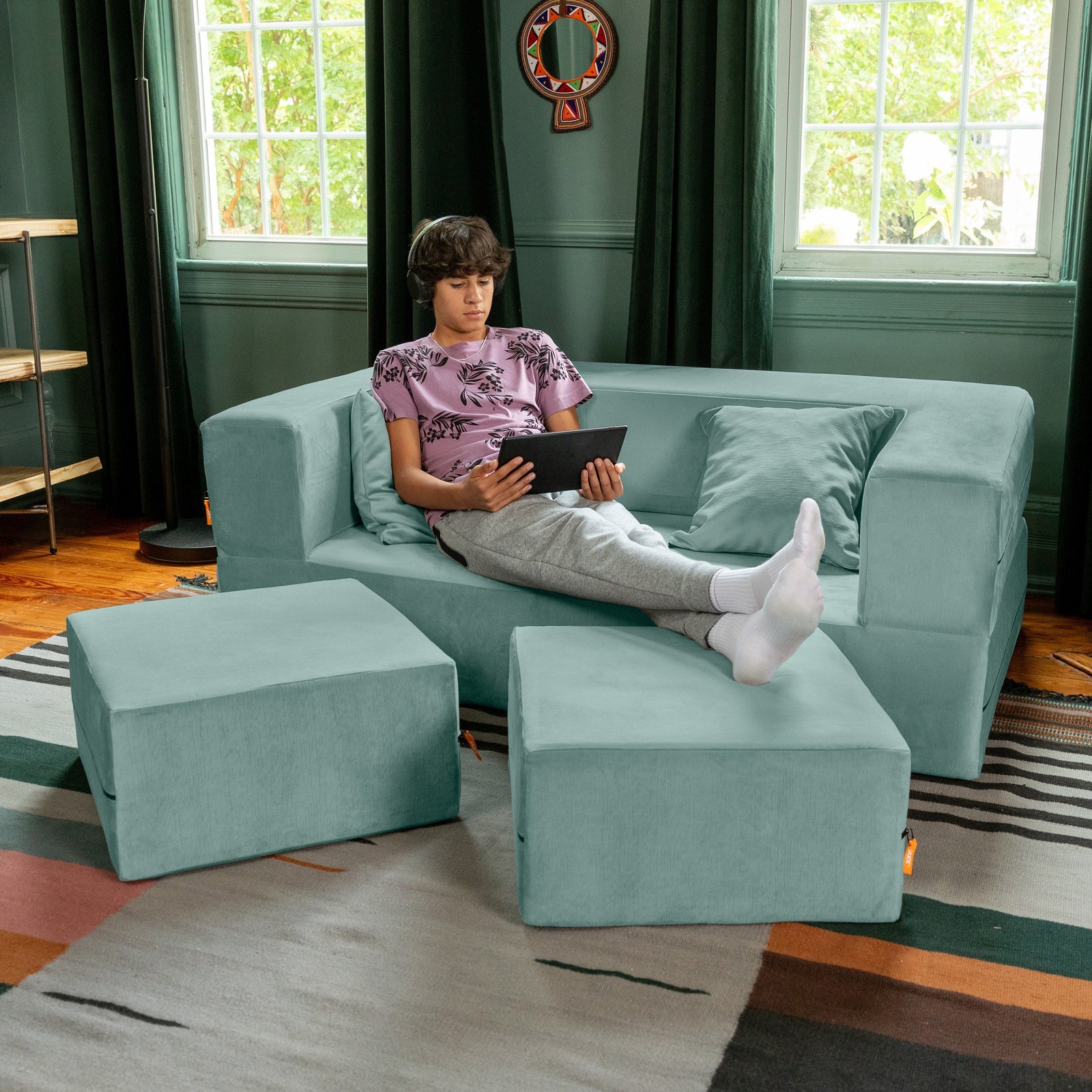 Zipline Loveseat in Seafoam Green Microvelvet